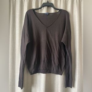 Dark brown, long sleeve, light weight knit v-neck top.